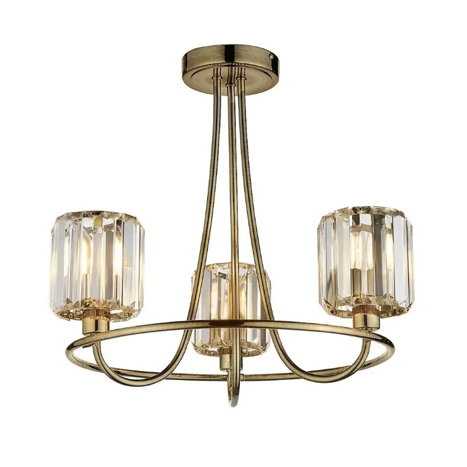 BOXED LUMINOSA BERENICE 3 LIGHT MULTI ARM GLASS SHADE SEMI FLUSH CEILING LAMP ANTIQUE BRASS