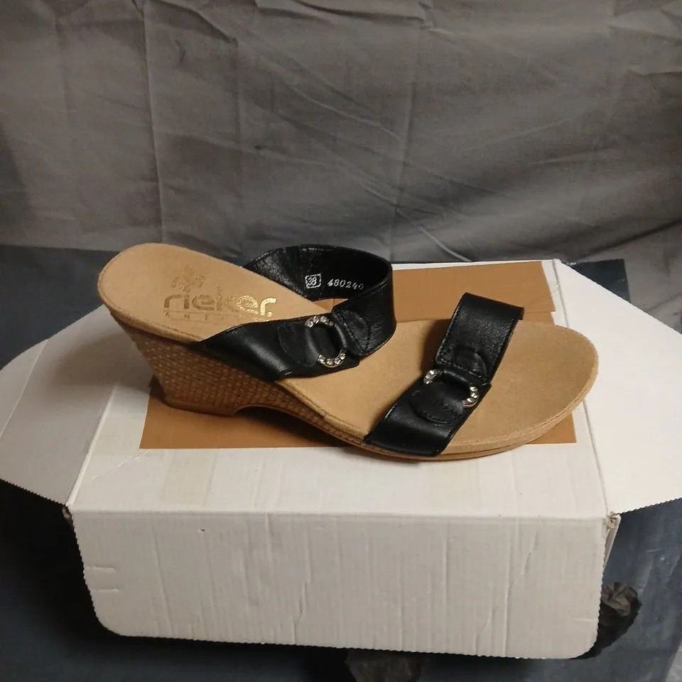 RIEKER WOMEN'S BLACK TWO-STRAP WEDGE SANDALS, UK 5 (EU38) – PAIR