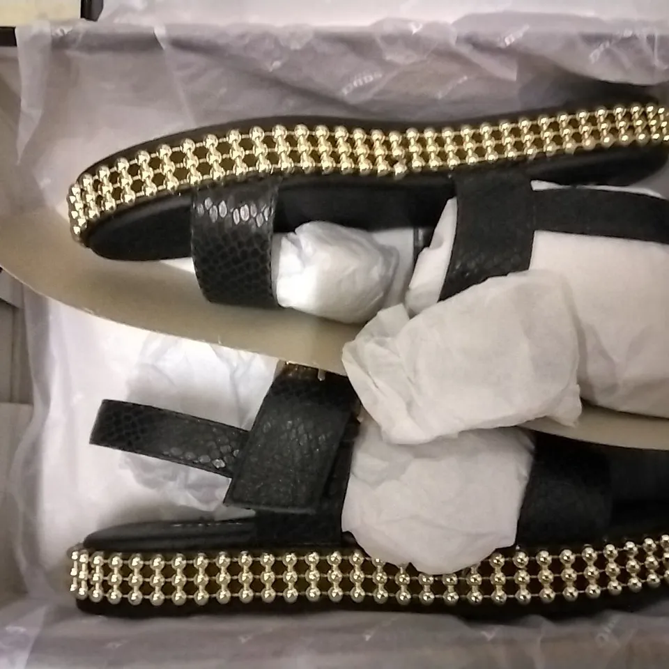 3 SHOE BOXES OF DUNE SHOES CONTAINING BLACK-REPTILE LEATHER DETAILED FLATFORM SANDLES SIZE 4