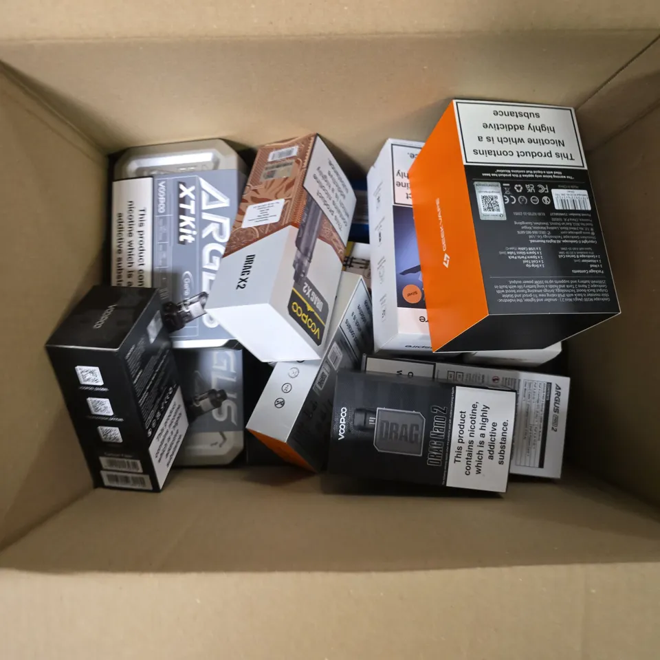 BOX OF APPROXIMATELY 18 ASSORTED E-CIGARETTES PRODUCTS TO INCLUDE -VOOPOO , VAPORESSO , DRAG 4 ETC