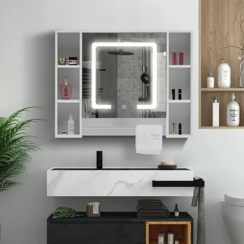 BOXED TAVION BATHROOM MIRROR CABINET WITH LIGHTS [1 DOOR+6 SHELVES] (1 BOX)