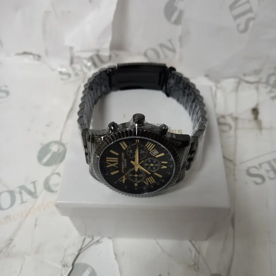 BOXED ANTHONY JAMES CHRONOGRAPH STAINLESS STEEL SPORTS WATCH - WATER RESISTANT. 