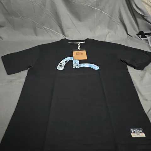 EVISU CUSTOM MADE T-SHIRT – BLACK COTTON WITH LARGE BLUE LOGO SIZE L