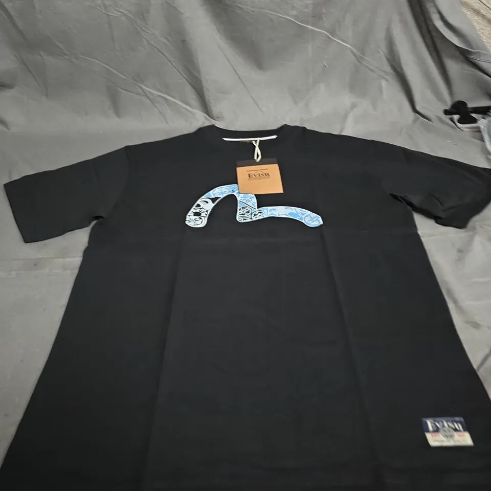 EVISU CUSTOM MADE T-SHIRT – BLACK COTTON WITH LARGE BLUE LOGO SIZE L
