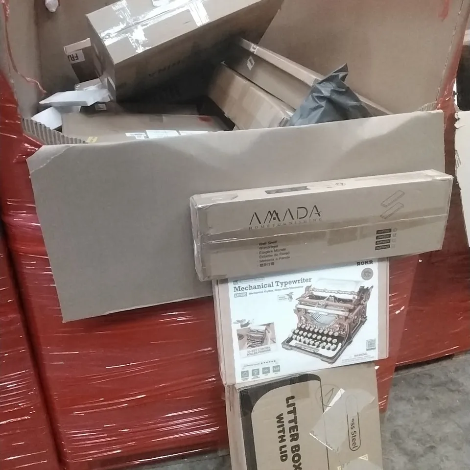 PALLET OF ASSORTED HOUSEHOLD GOODS AND PRODUCTS TO INCLUDE; WALL SHELF, MECHANICAL TYPEWRITER, LITTER BOX, BOXED FURNITURE ETC