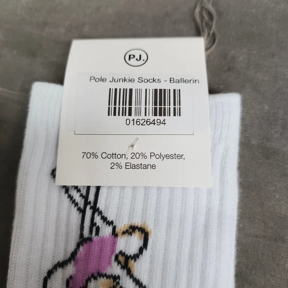 POLE JUNKIE SOCKS – BALLERINA DESIGN, WHITE CREW SOCK