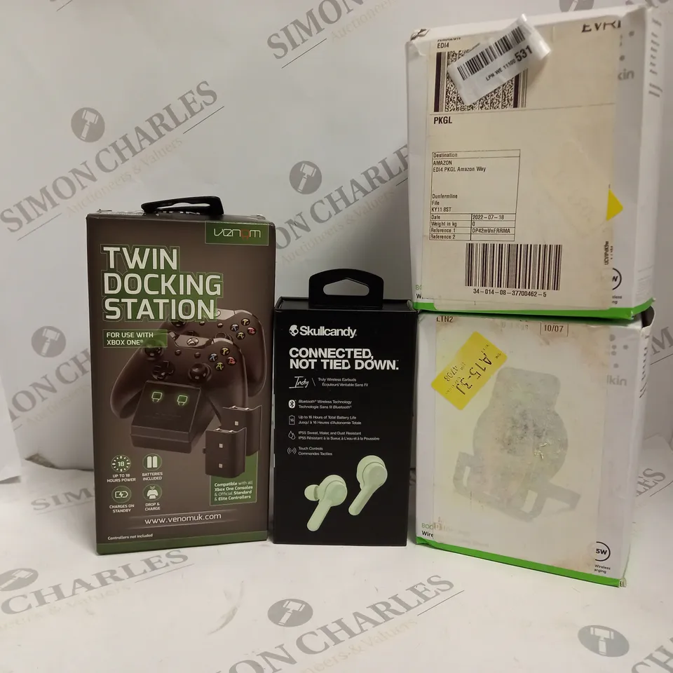 4 ASSORTED PRODUCTS TO INCLUDE SKULLCANDY INDY TRULY WIRELESS EARBUDS, VENOM TWIN DOCKING STATION FOR USE WITH XBOX ONE, BELKIN WIRELESS CHARGING STAND