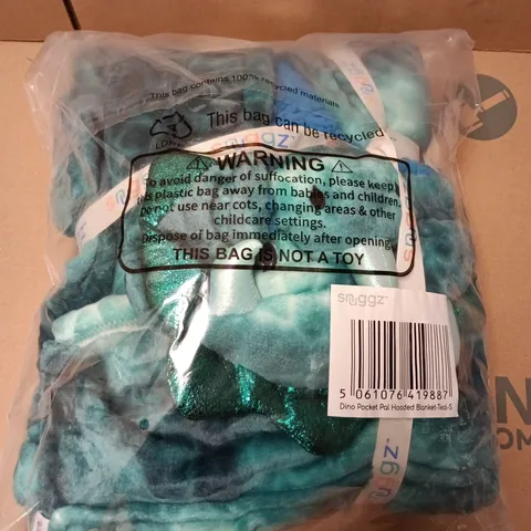 BAGGED SNUGGLZ DINO POCKET PAL HOODED BLANKET IN TEAL - SMALL