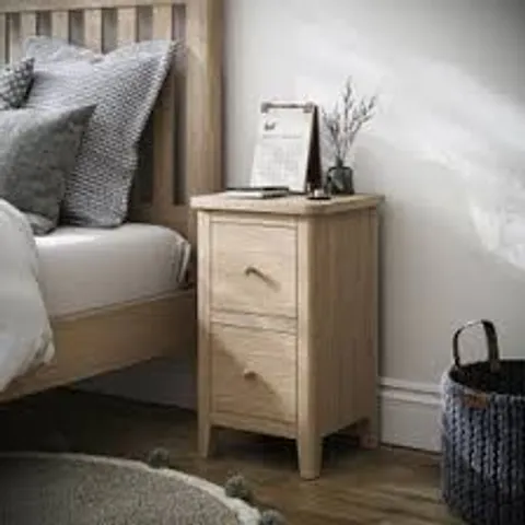 BOXED BROMLEY II 2 DRAWER SLIM BEDSIDE TABLE - LIGHT WOOD (1 BOX)
