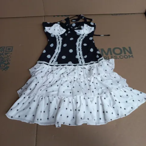 GIRLS' BLACK & WHITE POLKA DOT DRESS WITH LACE TRIM AND TIERED SKIRT