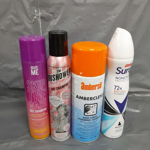 APPROXIMATELY 12 ASSORTED AEROSOLS TO INCLUDE , DRY SHAMPOO , SURE BODY SPRAY , FOAMING CLEANER , ETC