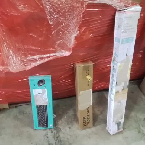 PALLET OF ASSORTED HOUSEHOLD GOODS AND PRODUCTS TO INCLUDE;KEYBOARD,RETRACTABLE SAFETY GATE,LEVEL HORIZONTAL BAR