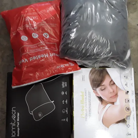 PALLET CONTAINING AN ASSORTMENT OF HOUSEHOLD ITEMS TO INCLUDE HEATED FOOT WARMER, SMART HEATED VEST AND ELECTRIC BLANKETS ECT