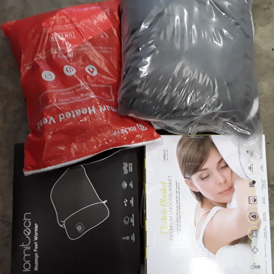 PALLET CONTAINING AN ASSORTMENT OF HOUSEHOLD ITEMS TO INCLUDE HEATED FOOT WARMER, SMART HEATED VEST AND ELECTRIC BLANKETS ECT