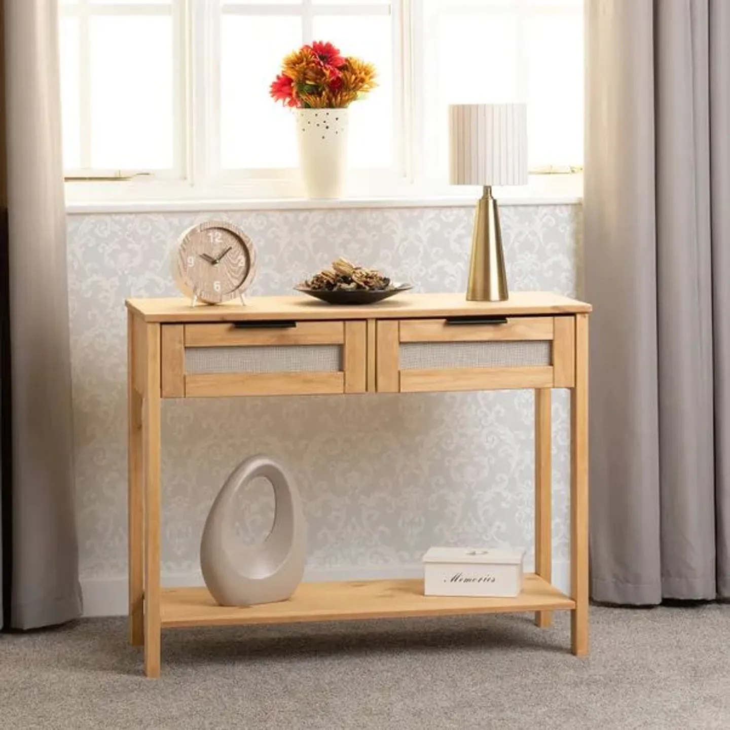 BOXED CORONA RATTAN 2 DRAWER CONSOLE TABLE - L35 X W90 X H72 CM - DISTRESSED WAX PINE/RATTAN EFFECT (1 BOX)