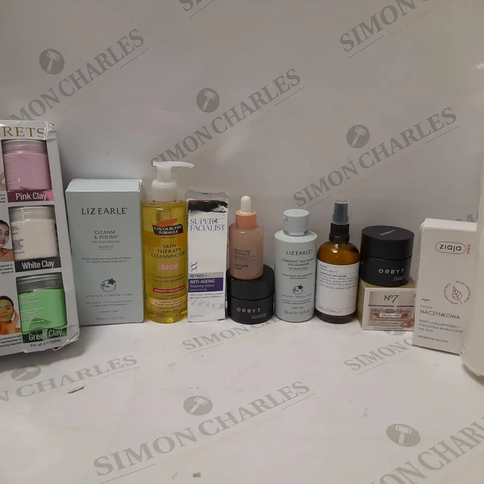 LOT OF APPROX 12 ASSORTED SKINCARE PRODUCTS TO INCLUDE SUPER FACIALIST RESTORING SERUM, ORBYT VOLCANIC ASH CLEANSER, ETC