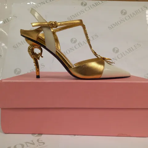 BOXED PAIR OF A.B. POΓTIQUE CLOSED TOE HIGH HEELS IN WHITE/METALLIC GOLD EU SIZE 36