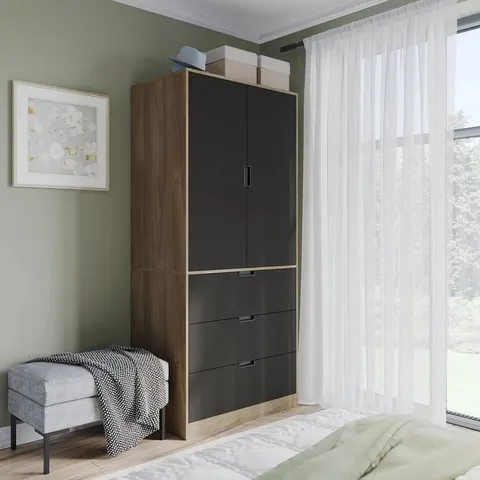 BOXED STEPHY SOLID WOOD WARDROBE - OAK/BLACK (2 BOXES)