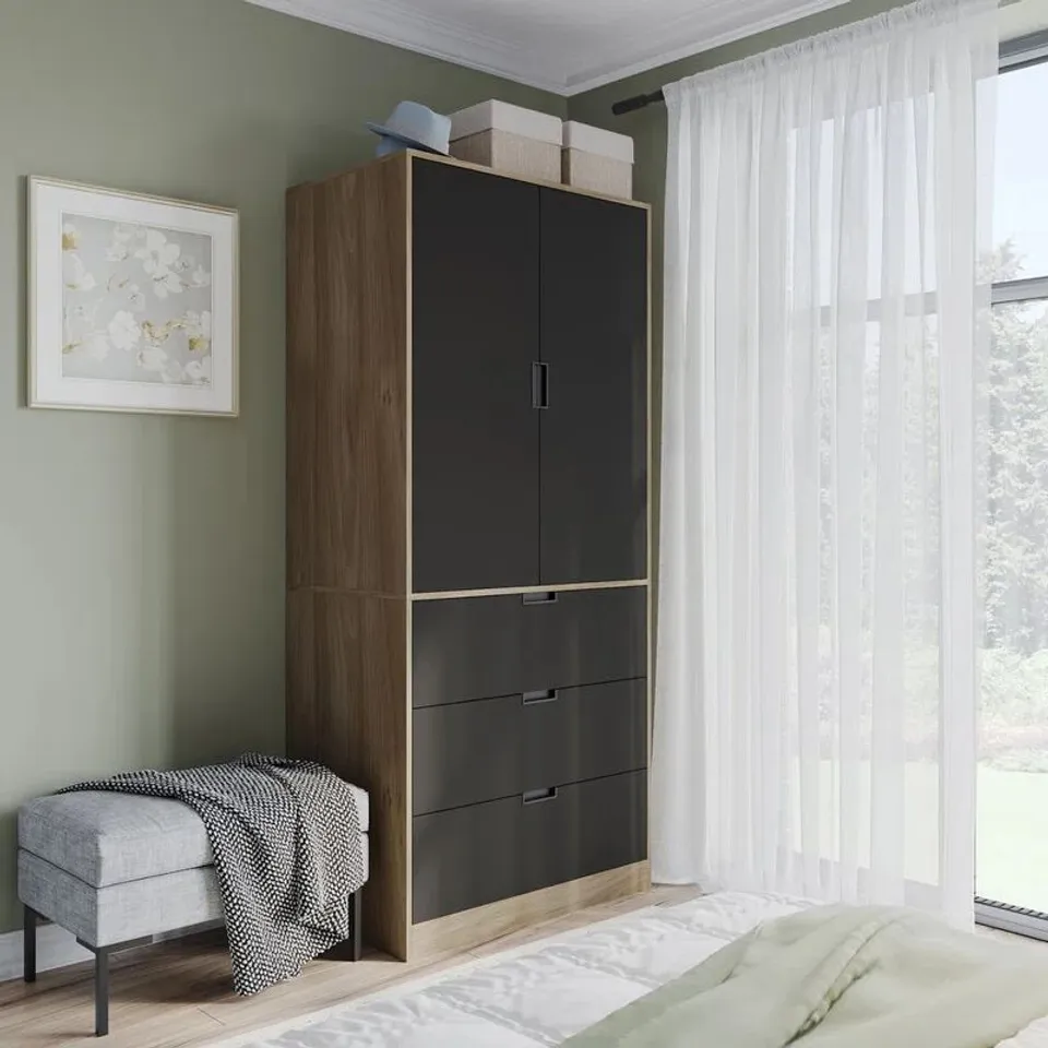 BOXED STEPHY SOLID WOOD WARDROBE - OAK/BLACK (2 BOXES)