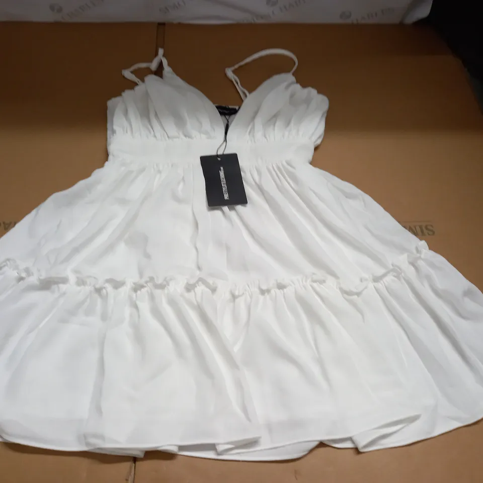 PRETTYLITTLETHING WHITE RUCHED FRILL DETAIL STRAPPY SKATER DRESS - UK 10