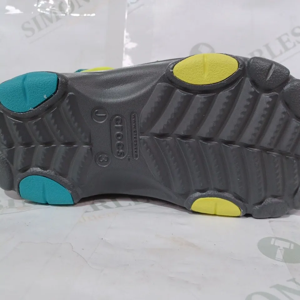 BOXED PAIR OF CROCS  CLASSIC ALL TERRAIN KIDS CLOGS IN SLATE GREY UK SIZE J3