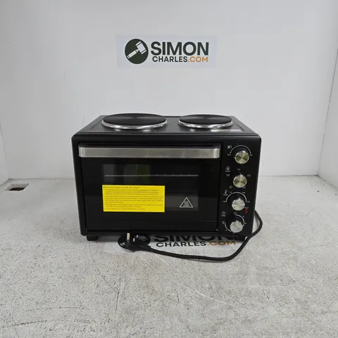 HOMCOM BLACK MINI ELECTRIC OVEN WITH DUAL HOT PLATES ON TOP UNBOXED