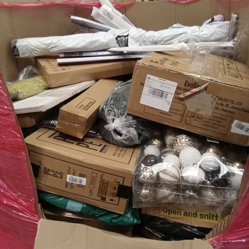 PALLET OF ASSORTED HOUSEHOLD GOODS AND PRODUCTS TO INCLUDE; DART SET, CEILING LIGHT, SHOWER SYSTEM, SHELVES ETC 