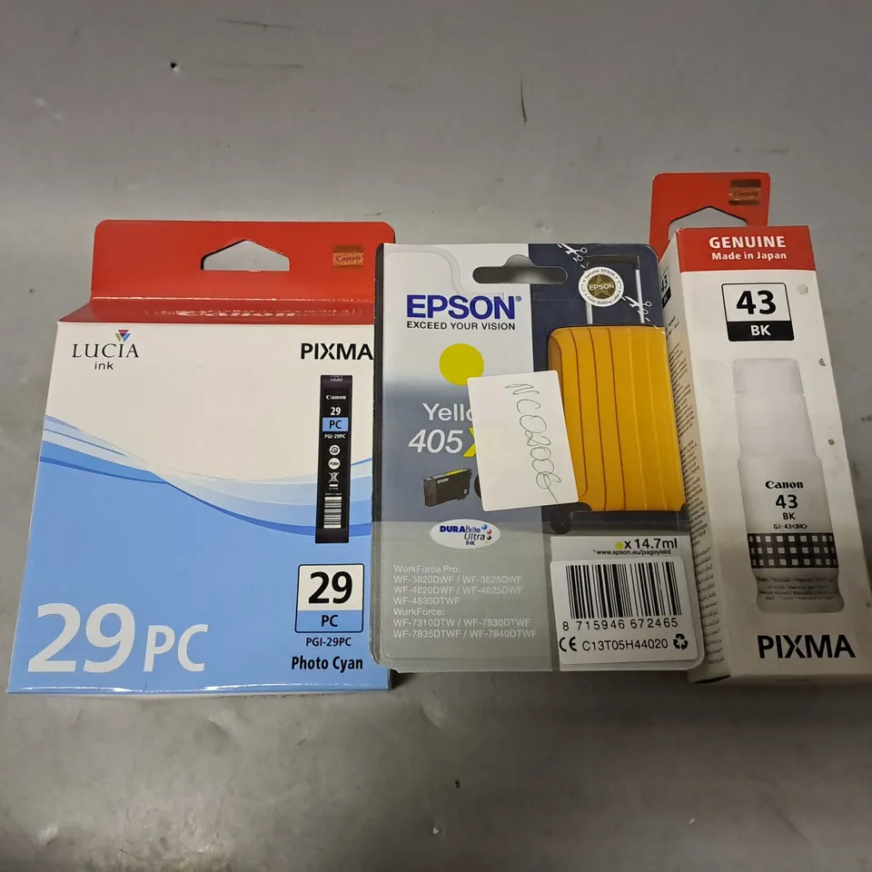 BOX OF APPROXIMATELY 8 ASSORTED ITEMS TO INCLUDE - GENUINE PIXMA BK 43 , EPSON WORK FORCE PRO , PIXMA LUCIA INK 20PC 