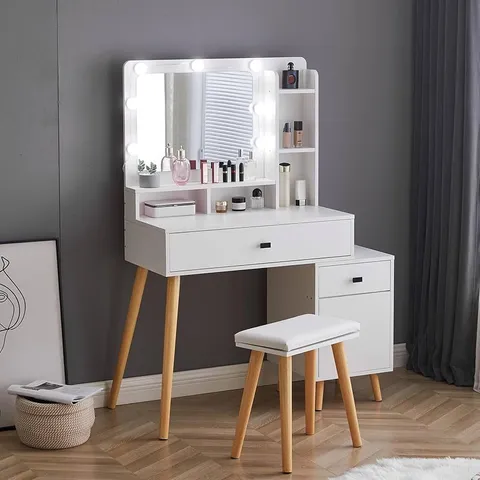 BOXED OFCASA WHITE DRESSING TABLE WITH LED LIGHTS 1 DRAWER EXTENDABLE VANITY TABLE WITH MIRROR AND STOOL STORAGE SHELVES COSMETIC MAKEUP DESK FOR BEDROOM (2 BOXES)