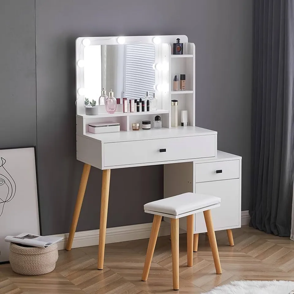 BOXED OFCASA WHITE DRESSING TABLE WITH LED LIGHTS 1 DRAWER EXTENDABLE VANITY TABLE WITH MIRROR AND STOOL STORAGE SHELVES COSMETIC MAKEUP DESK FOR BEDROOM (2 BOXES)