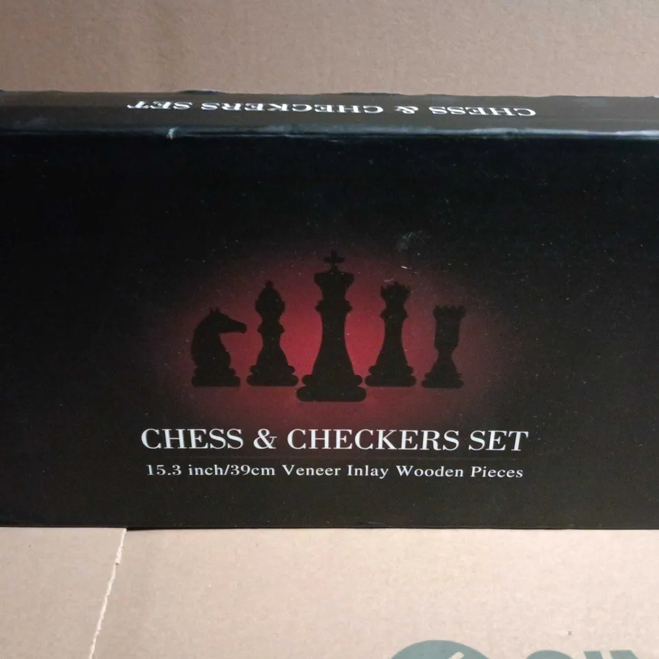 CHESS & CHECKERS SET – VENEER INLAY WOODEN BOARD & PIECES