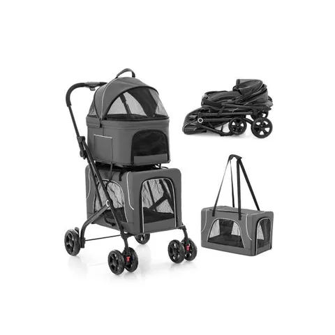 BOXED COSTWAY DOUBLE PET STROLLER FOLDABLE PORTABLE BREATHABLE CAT DOG W/2 DETACHABLE CARRIERS - GREY