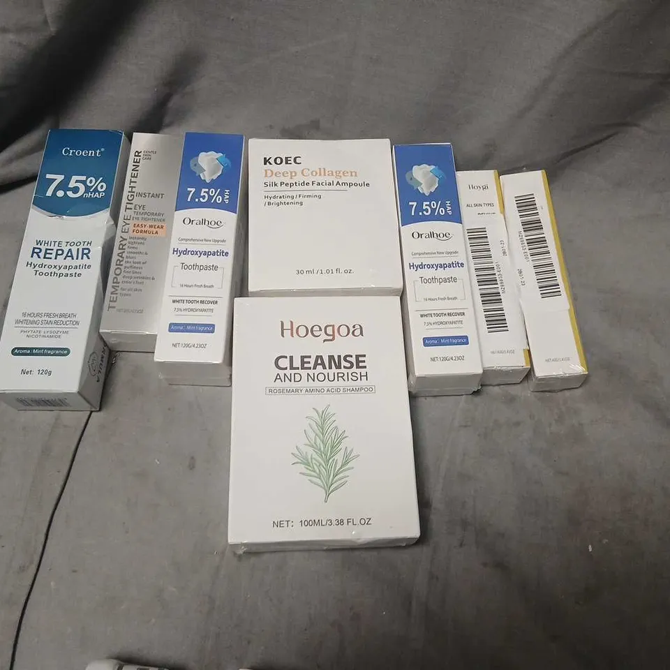 ELEVEN ASSORTED PRODUCTS TO INCLUDE; KOEC DEEP COLLAGEN SILK PEPTIDE FACIAL AMPOULE 30 ML + TOOTHPASTE & SHAMPOO