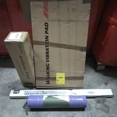 PALLET OF HOUSEHOLD ITEMS TO INCLUDE WALKING VIBRATION PAD, ARTIFICIAL PLANT,LED BATTEN LIGHT,YOGA MATT AND OTHER ASSORTED ITEMS...