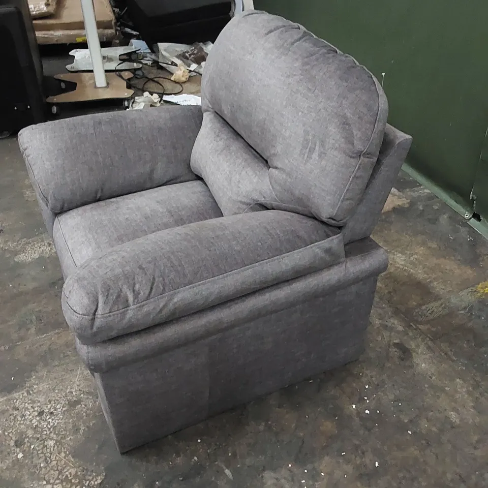 DESIGNER ARMCHAIR UPHOLSTERED IN SOFT SILVER/GREY FABRIC 