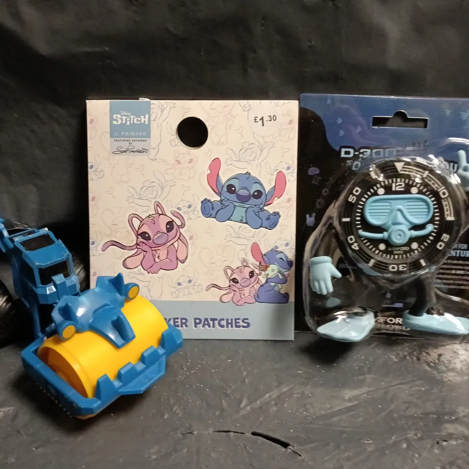 APPROXIMATELY 10 ASSORTED TOYS AND GAMES TO INCLUDE DISNEY STITCH STICKER PATCHES, ETC