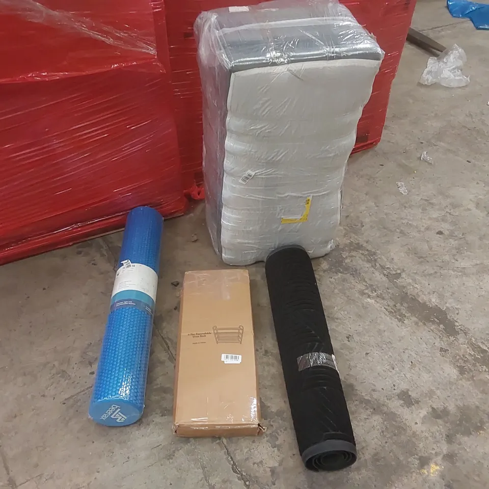 PALLET CONTAINING A LARGE QUANTITY OF ASSORTED ITEMS INCLUDING: FOLDING MATTRESS, MAT, FOAM ROLLER, SHOE RACK ECT