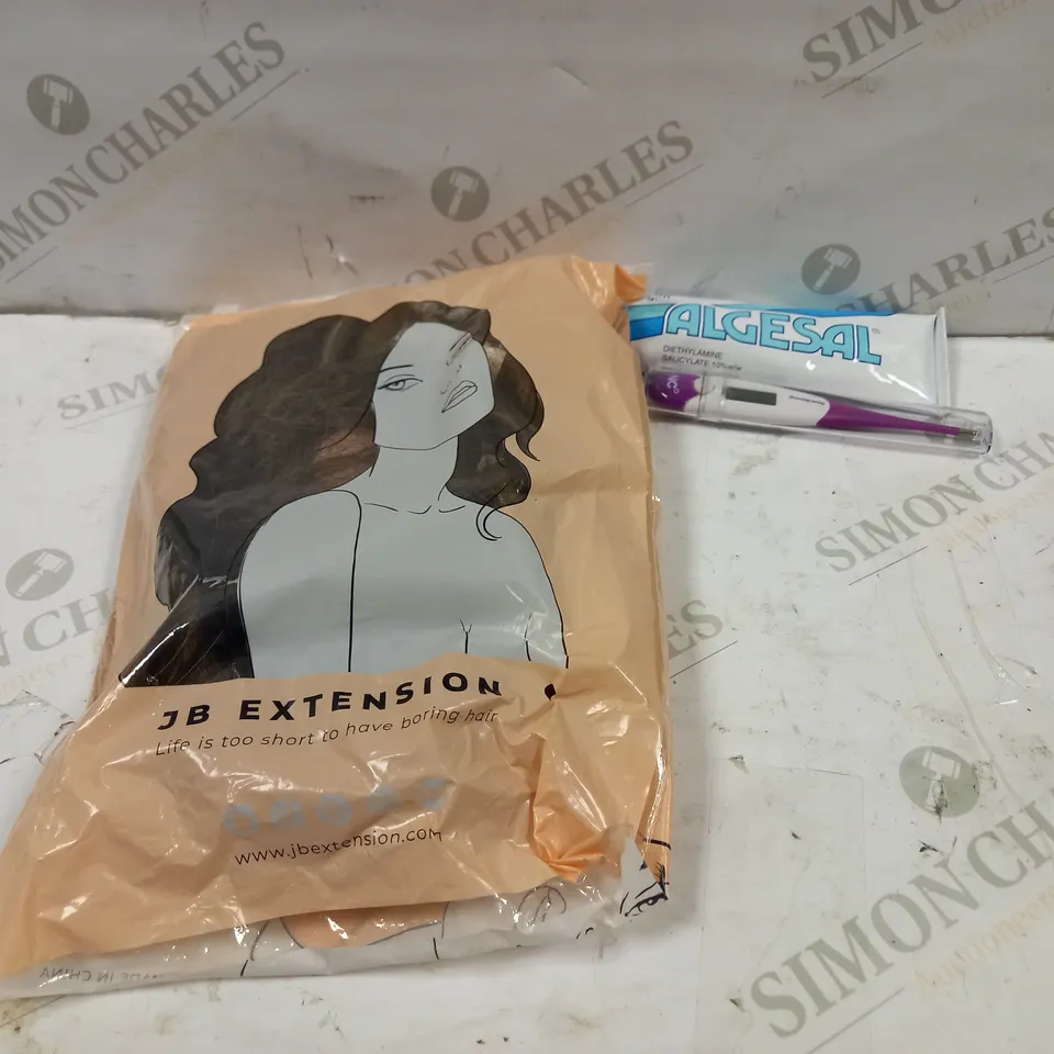 LOT OF APPROXIMATELY 14 COSMETICS ITEMS TO INCLUDE JB HAIR EXTENSIONS, ALGESAL LOCAL ANALGESIC CREAM 100g, NC DIGITAL THERMOMETER, ETC