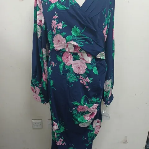 GIRL IN MIND ELSA NAVY AND PINK FLORAL WRAP ASYMMETRIC DRESS - 18