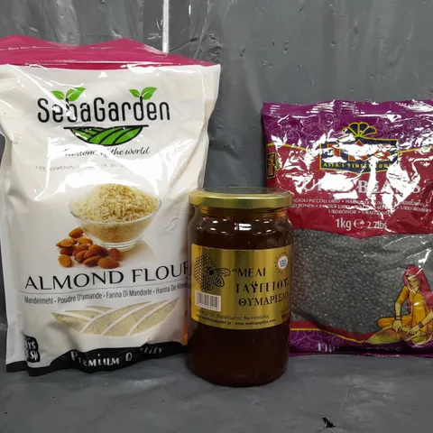 APPROXIMATELY 10 ASSORTED FOOD/DRINK PRODUCTS TO INCLUDE URID BEANS, HONEY, ALMOND FLOUR, ETC