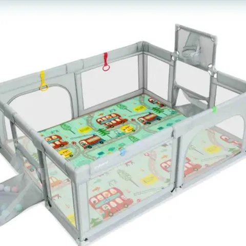 COSTWAY LARGE BABY PLAYPEN WITH MAT WITH BASKETBALL HOOP AND SOCCER NETS-GREY