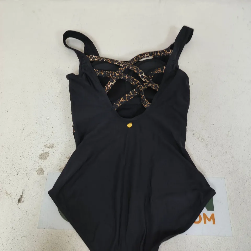 LASCANA BLACK ONE-PIECE SWIMSUIT WITH LEOPARD-PRINT CRISS-CROSS BACK, UK 12 B CUP (EU 38B)