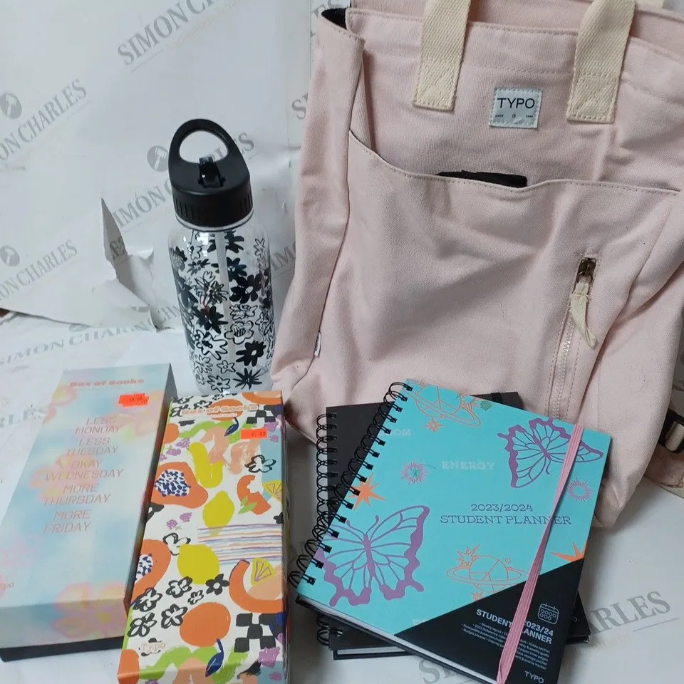 APPROXIMATELY 4 COTTON ON ITEMS INCLUDING PINK BACKPACK, SOCKS IN A BOX, 2 A5 NOTEBOOKS