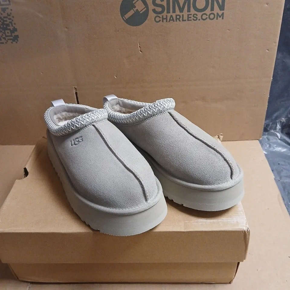 UGG GREY SUEDE SLIP-ON SLIPPERS – PLUSH LINED BOXED UK 8