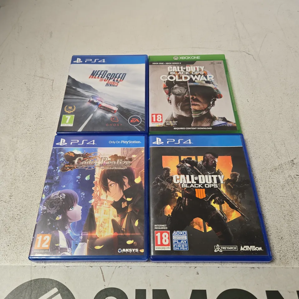 4 X ASSORTED VIDEO GAMES TO INCLUDE NEED FOR SPEED, BLACK OPS COLD WAR, CODE: REALIZE ETC 