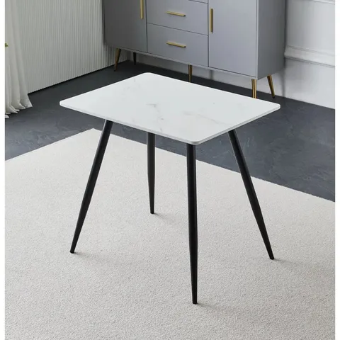 BOXED HINSHAW 70" FIXED TABLE MANUFACTURED WOOD IRON FOUR LEG DINING TABLE - MARBLE EFFECT TOP AND BLACK LEGS // 160cm (2 BOXES)