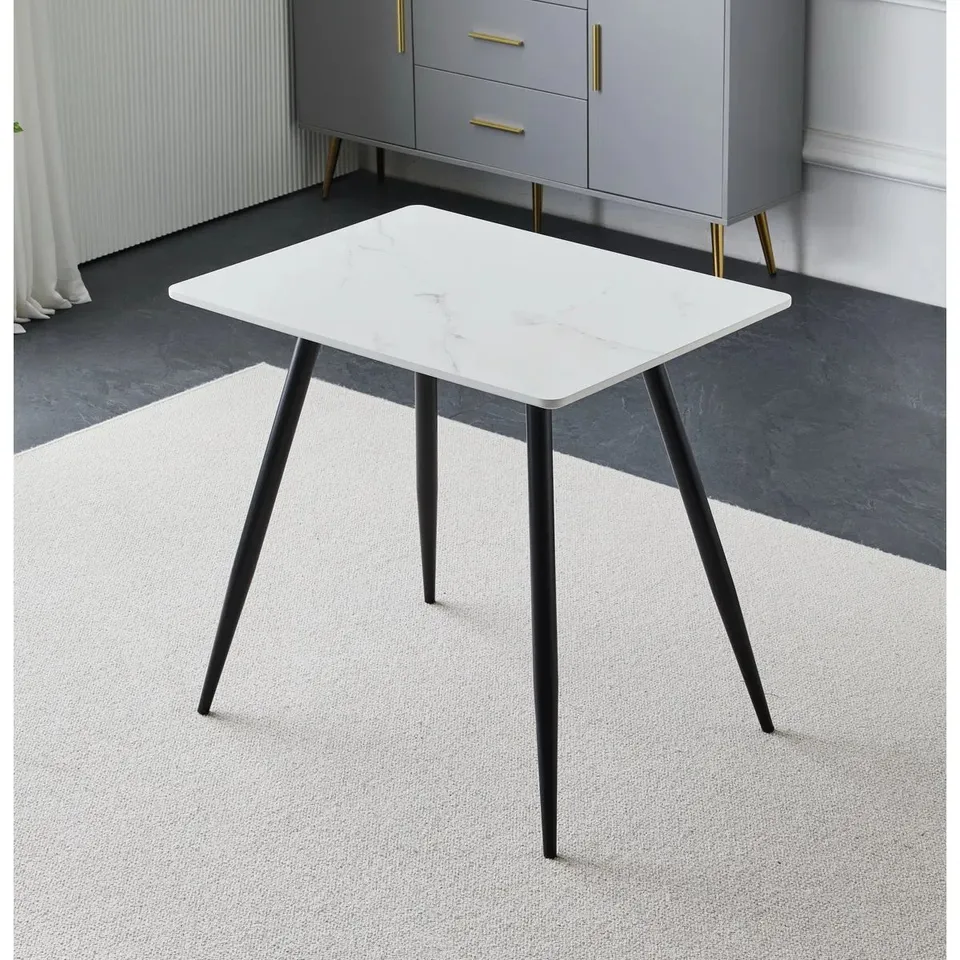 BOXED HINSHAW 70" FIXED TABLE MANUFACTURED WOOD IRON FOUR LEG DINING TABLE - MARBLE EFFECT TOP AND BLACK LEGS // 160cm (2 BOXES)