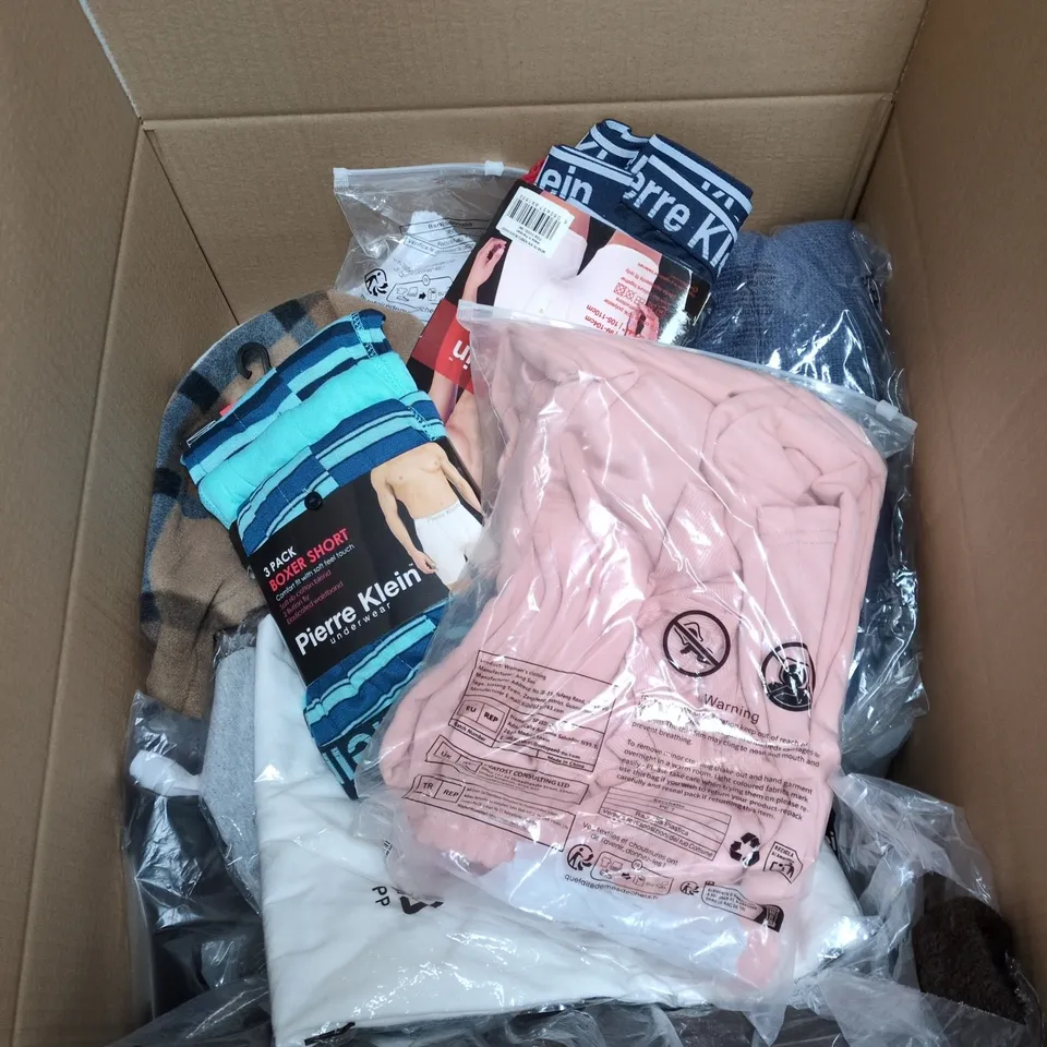 BOX OF APPROXIMATELY 20 ASSORTED CLOTHING ITEMS TO INCLUDE BRAS, UNDERWEAR, GREY COAT ETC