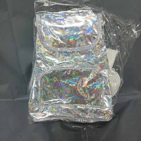 BOX OF APPROX 60 BAGS UNLIMITED HOLOGRAPHIC MINI BACKPACKS IN SILVER