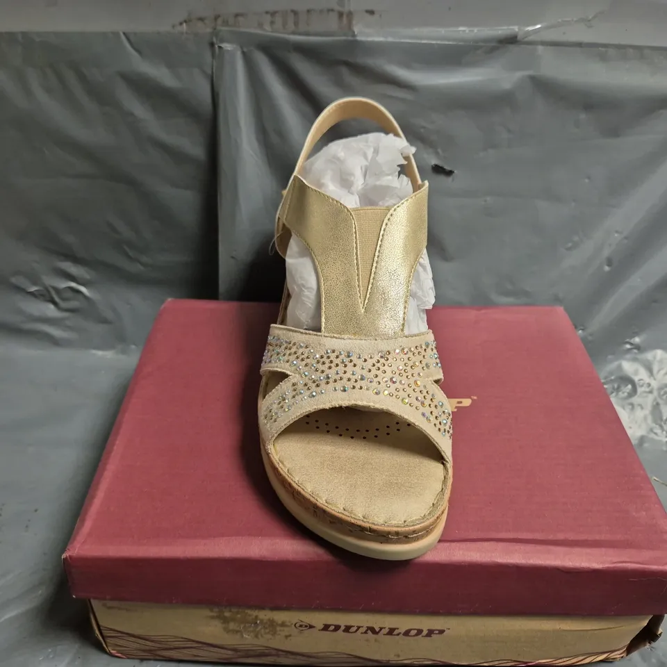 BOXED PAIR OF DUNLOP WHITSON OPEN TOE SHOES IN PALE GOLD COLUR WITH SEQUIN DECORATION - UK 7